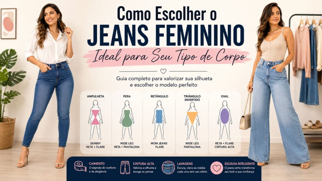 Mulher usando calça jeans feminina ideal para seu tipo de corpo.