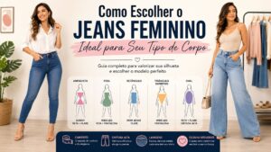 Mulher usando calça jeans feminina ideal para seu tipo de corpo.